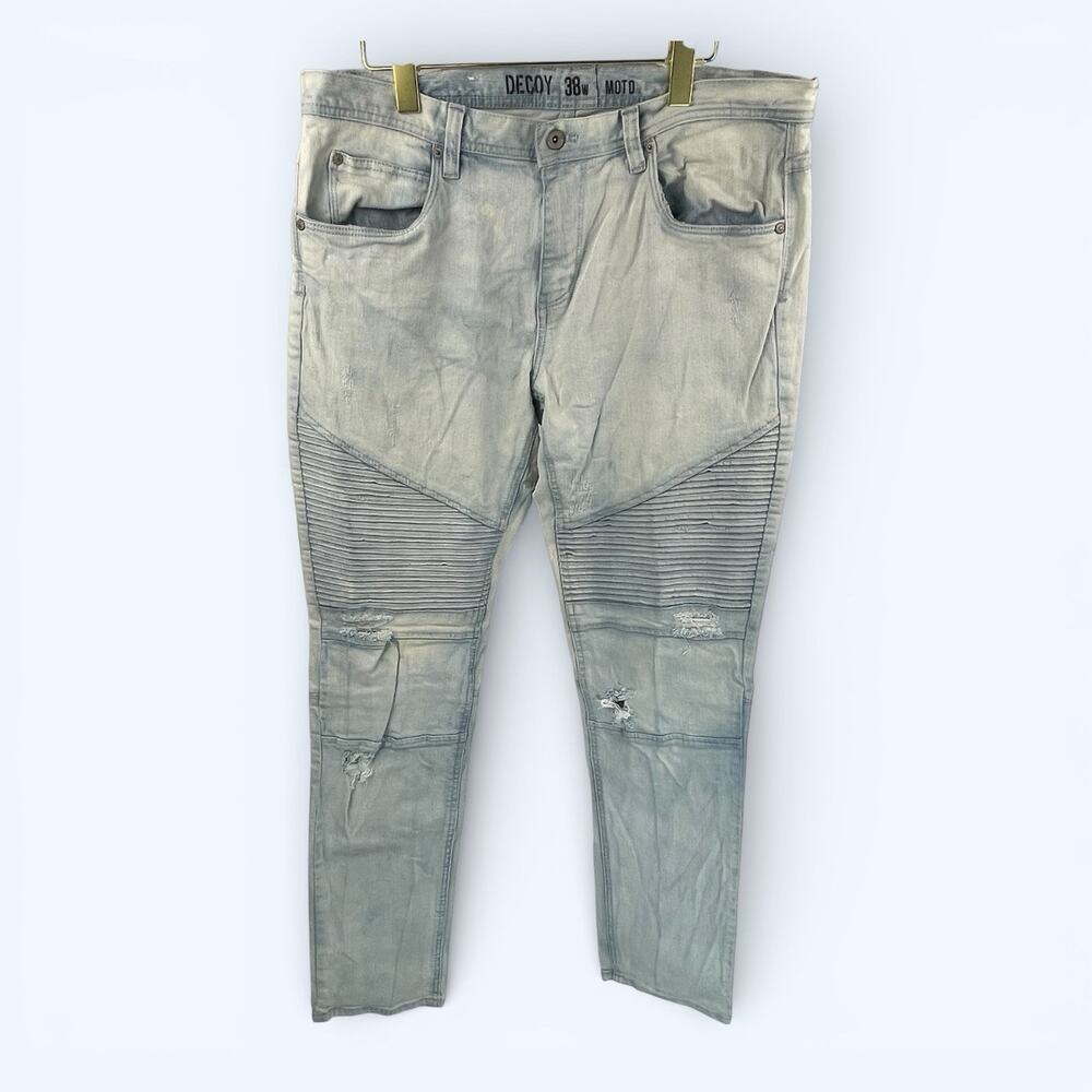 Decoy Zumiez Mens Blue Light Washed Biker Moto Skinny Jeans Sz 38 (36x32)